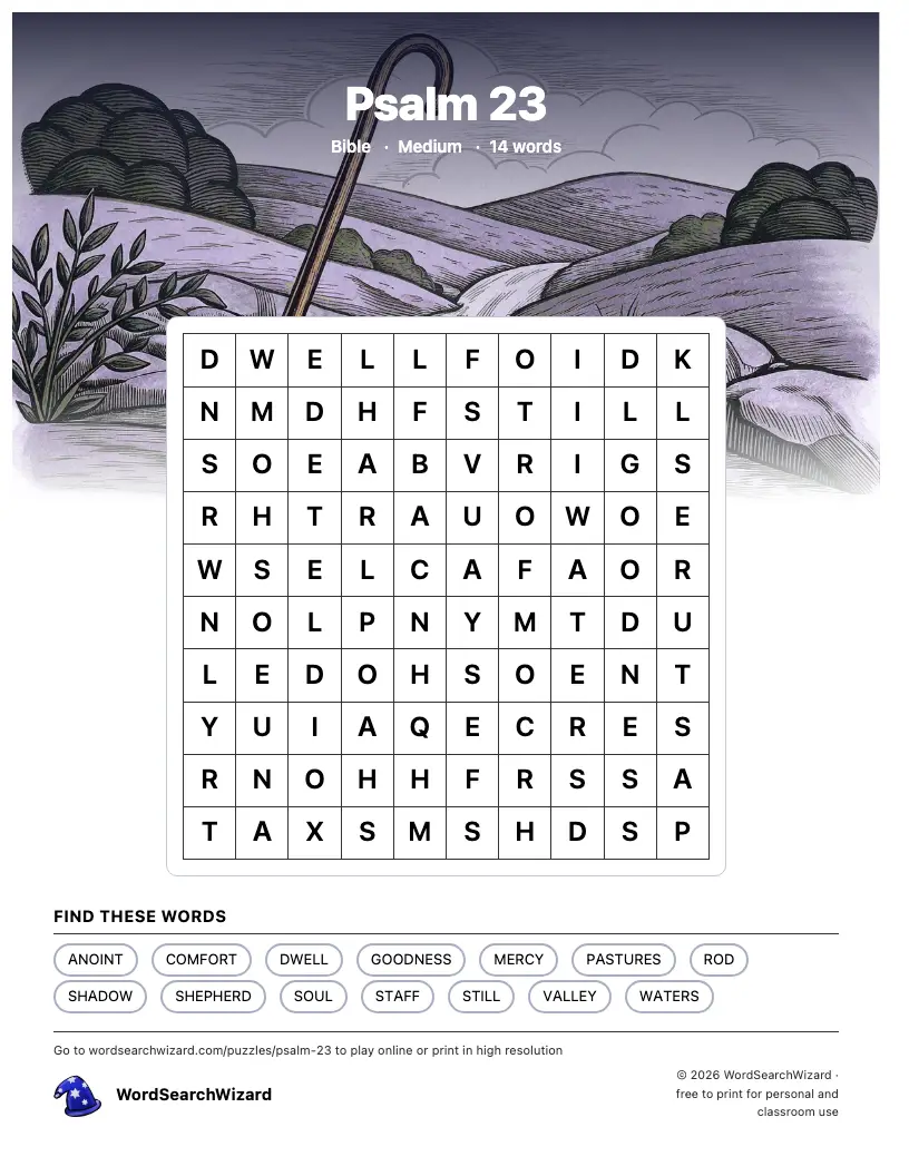Psalm 23 word search printable sheet, 14 words to find