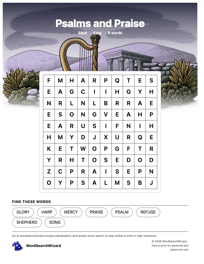 Psalms and Praise word search printable sheet, 8 words to find