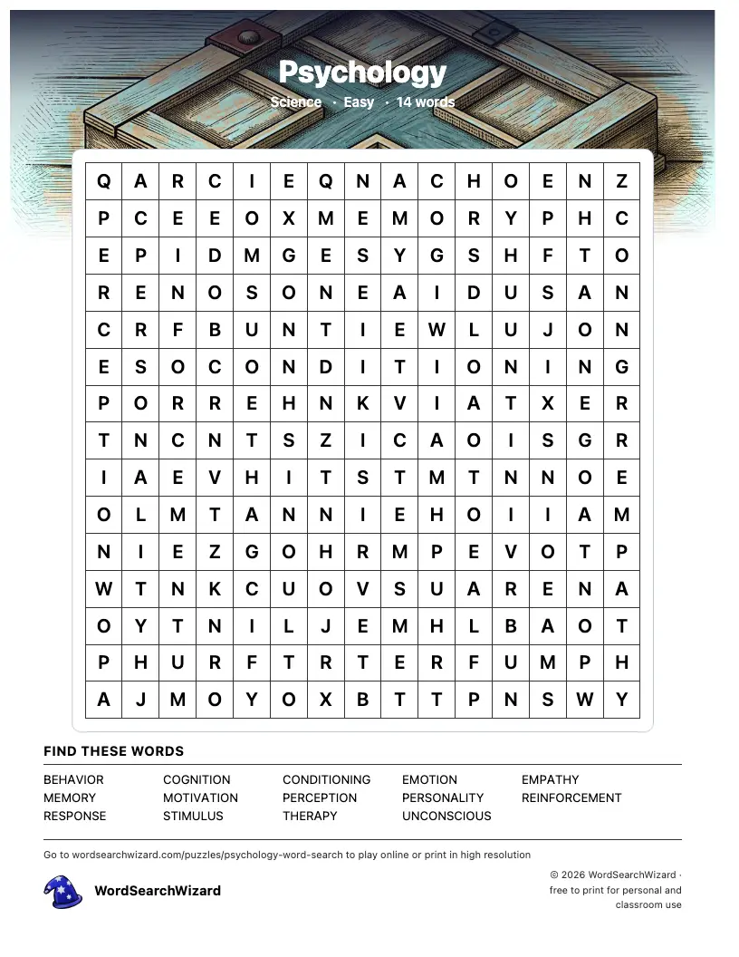 Psychology word search printable sheet, 14 words to find