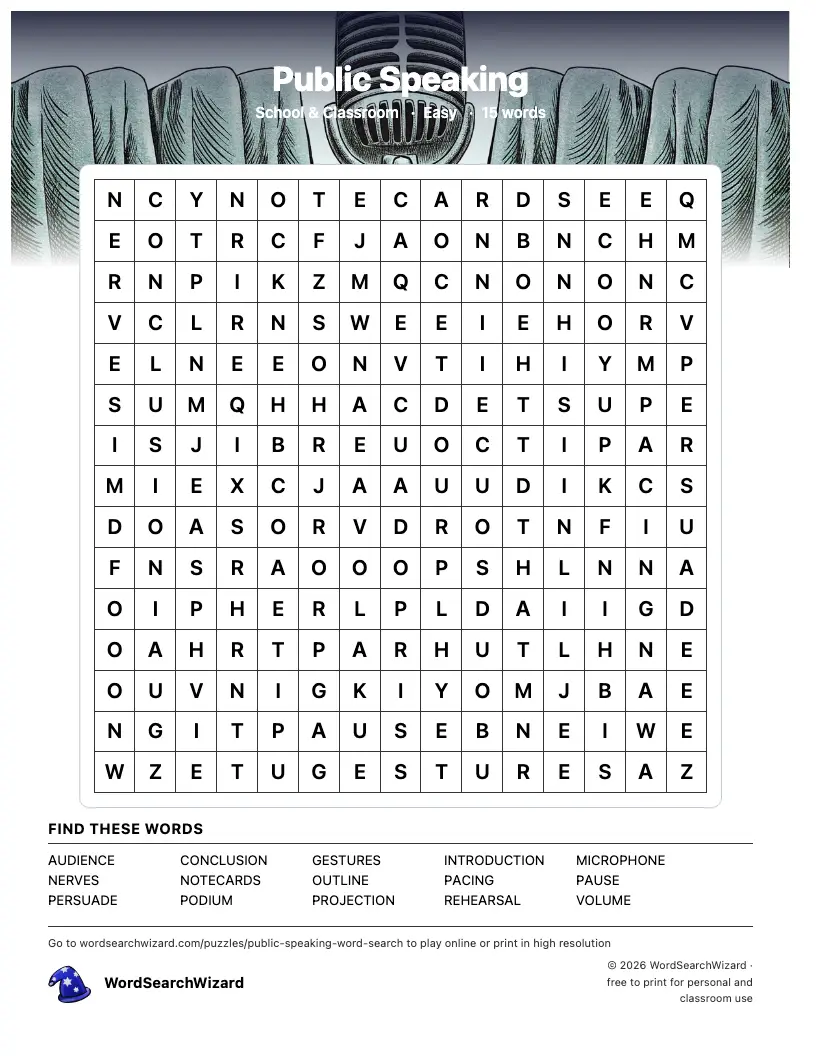 Public Speaking word search printable sheet, 15 words to find