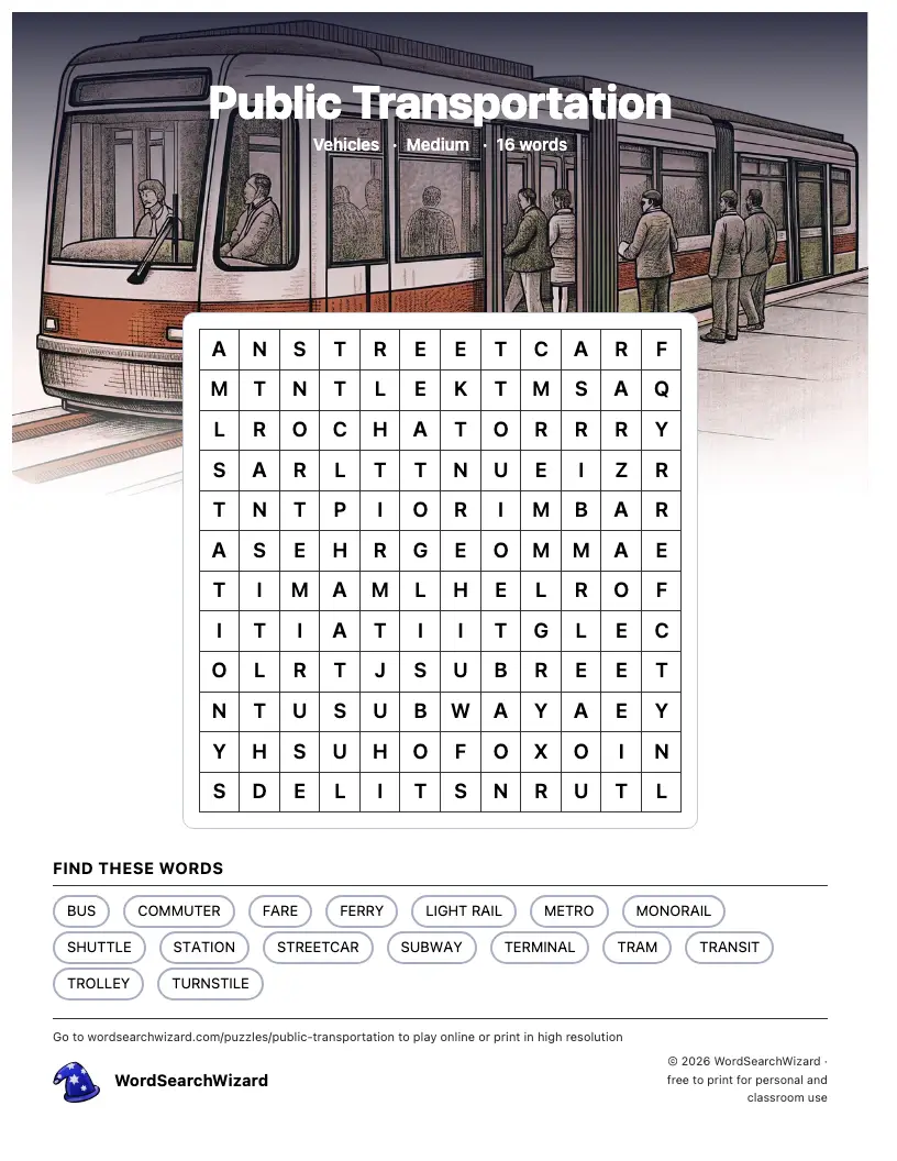 Public Transportation word search printable sheet, 16 words to find