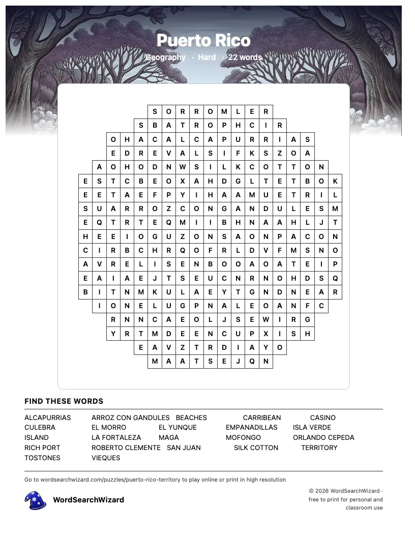 Puerto Rico word search printable sheet, 22 words to find