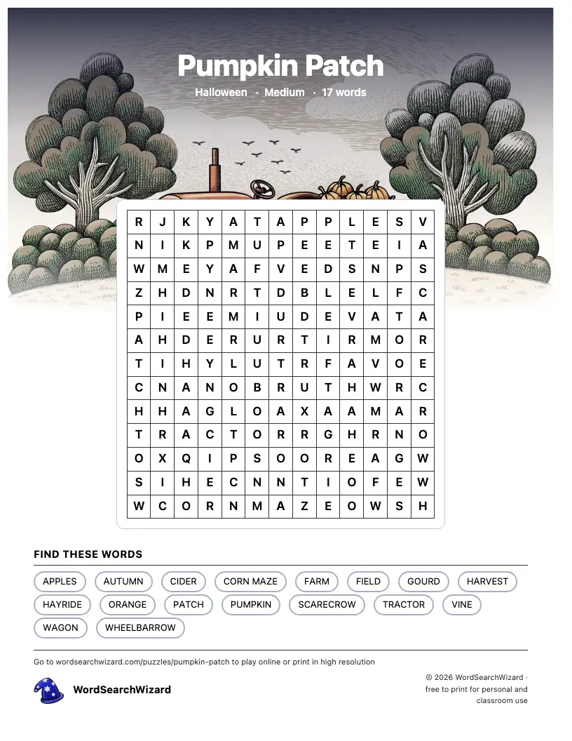 Pumpkin Patch word search printable sheet, 17 words to find