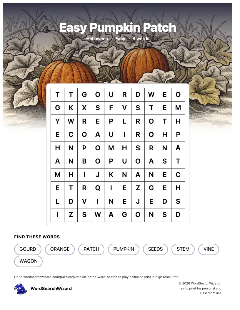 Easy Pumpkin Patch word search printable sheet, 8 words to find