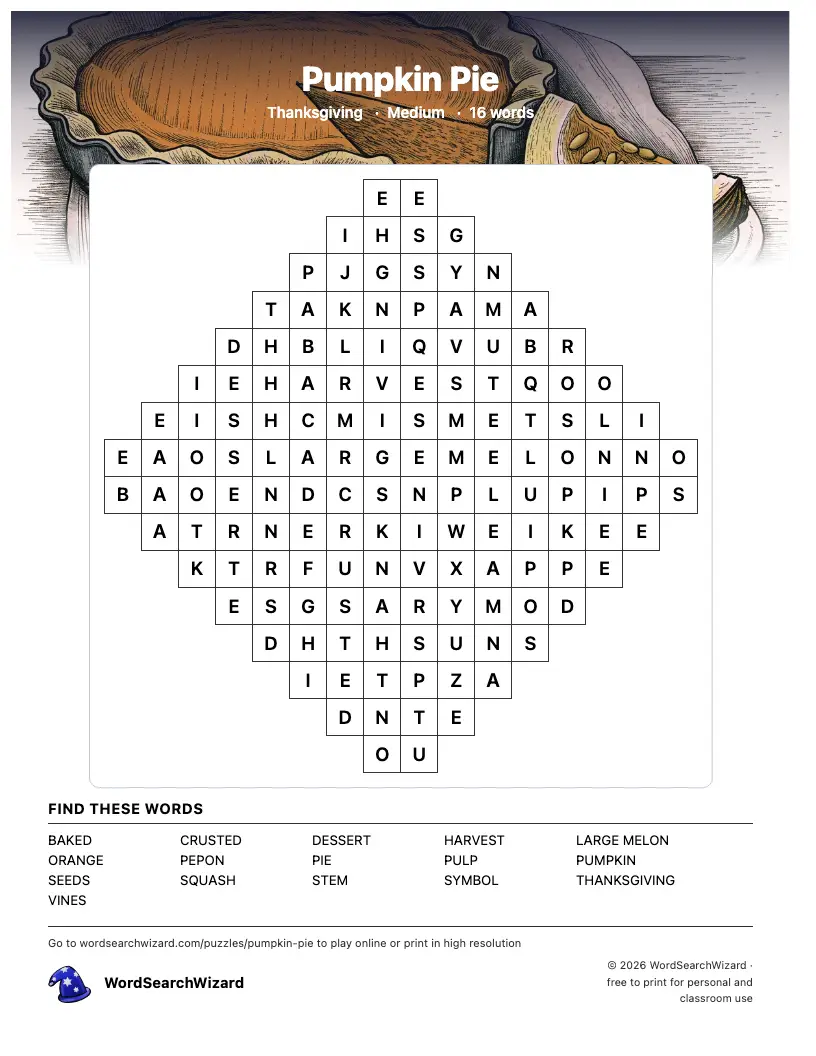 Pumpkin Pie word search printable sheet, 16 words to find