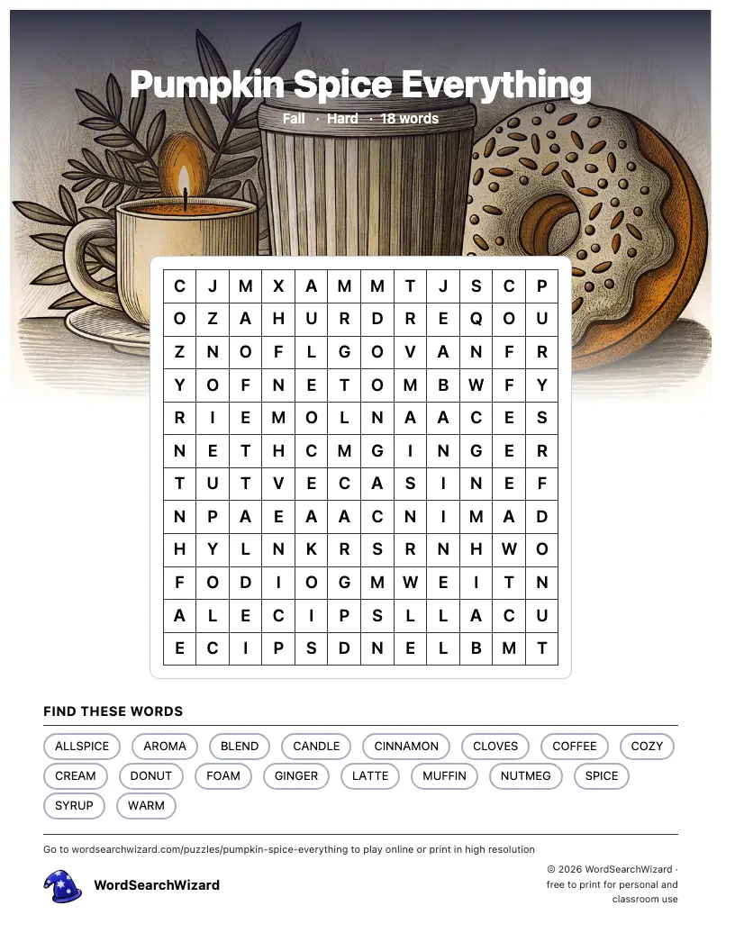 Pumpkin Spice Everything word search printable sheet, 18 words to find