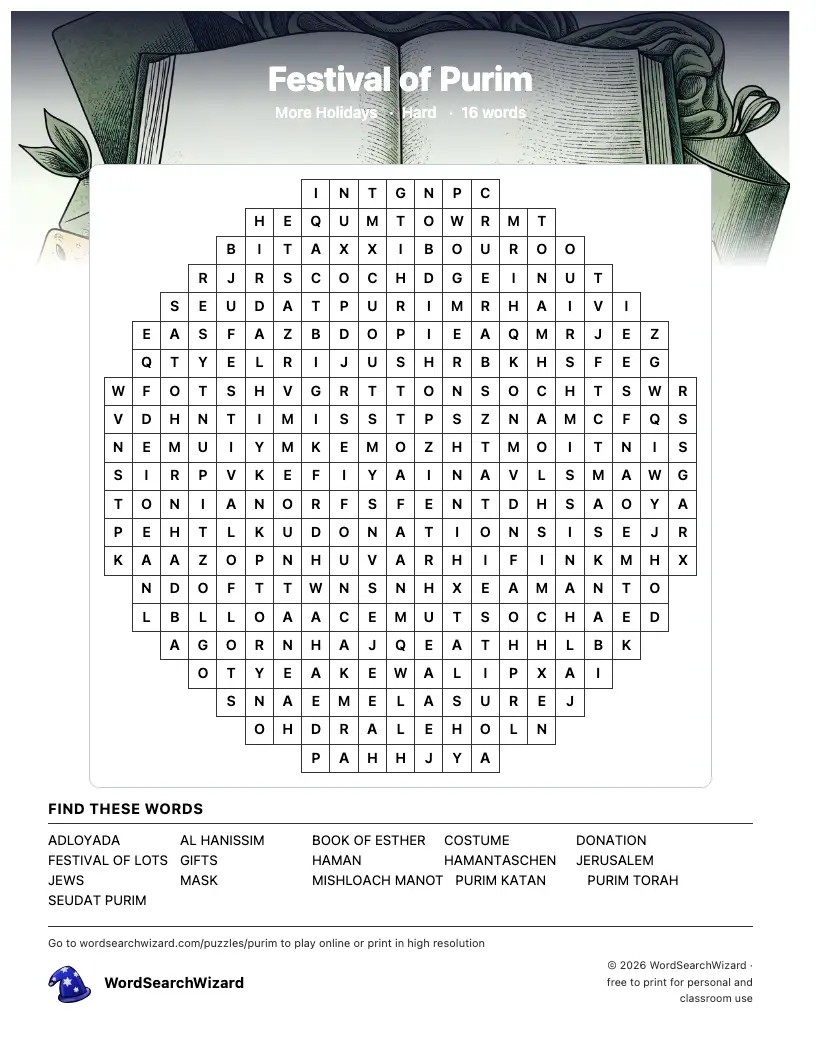 Festival of Purim word search printable sheet, 16 words to find