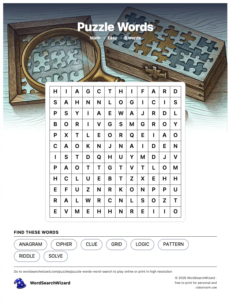 Puzzle Words word search printable sheet, 8 words to find