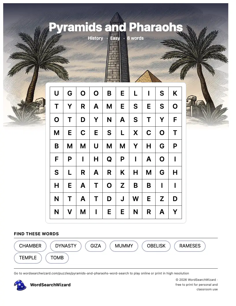 Pyramids and Pharaohs word search printable sheet, 8 words to find