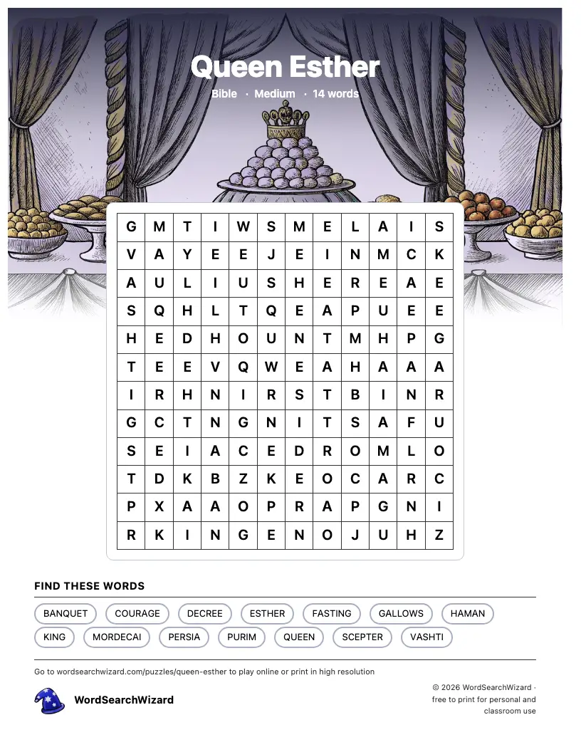 Queen Esther word search printable sheet, 14 words to find