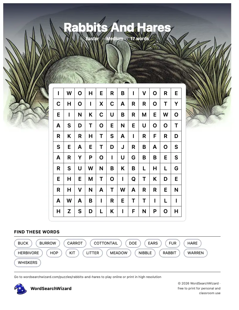 Rabbits And Hares word search printable sheet, 17 words to find
