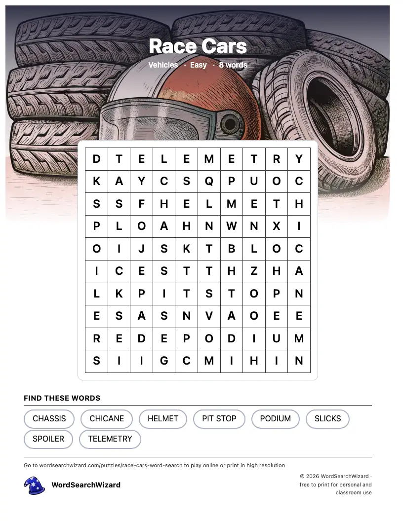 Race Cars word search printable sheet, 8 words to find