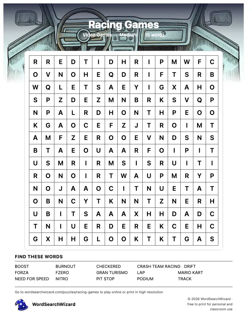 Racing Games word search printable sheet, 15 words to find