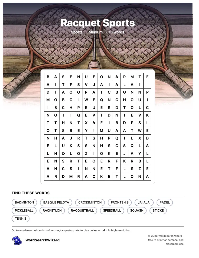 Racquet Sports word search printable sheet, 13 words to find