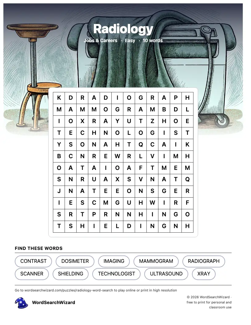 Radiology word search printable sheet, 10 words to find