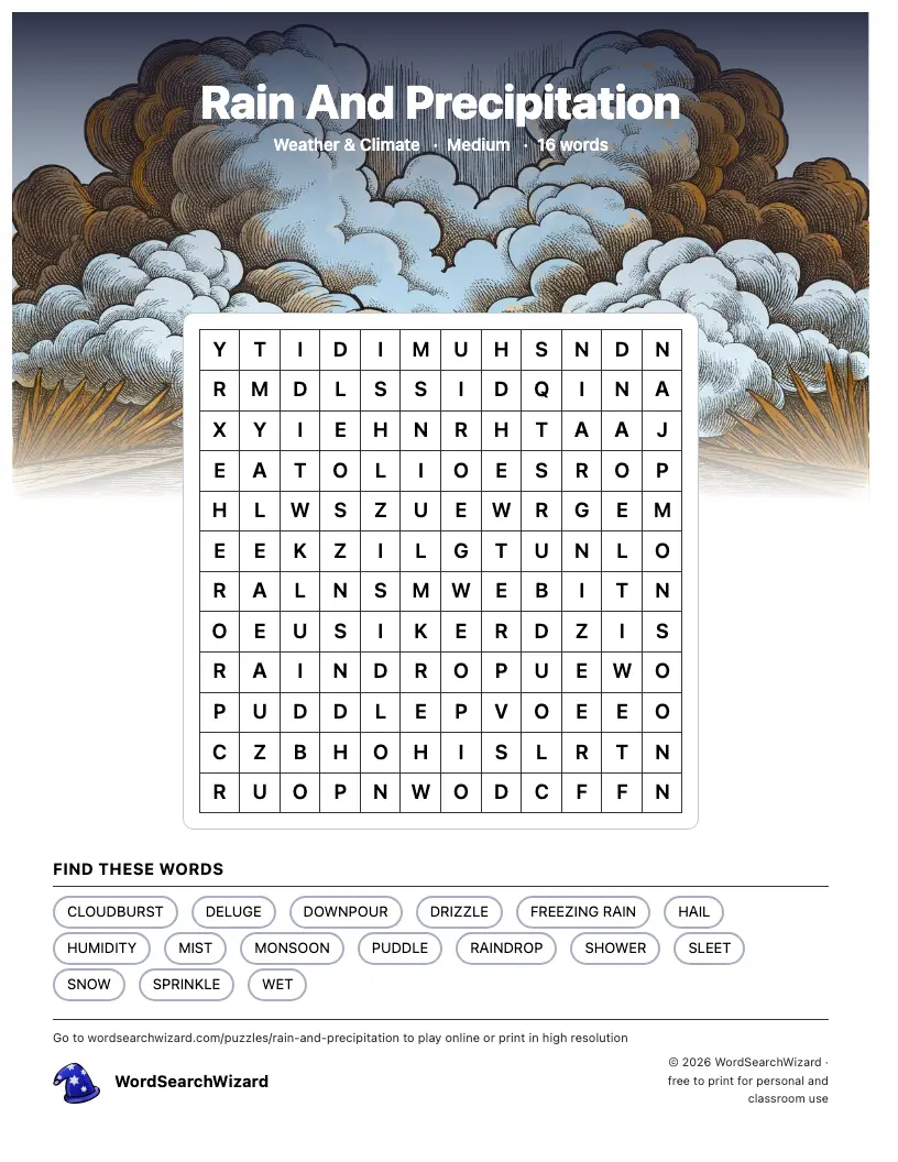 Rain And Precipitation word search printable sheet, 16 words to find