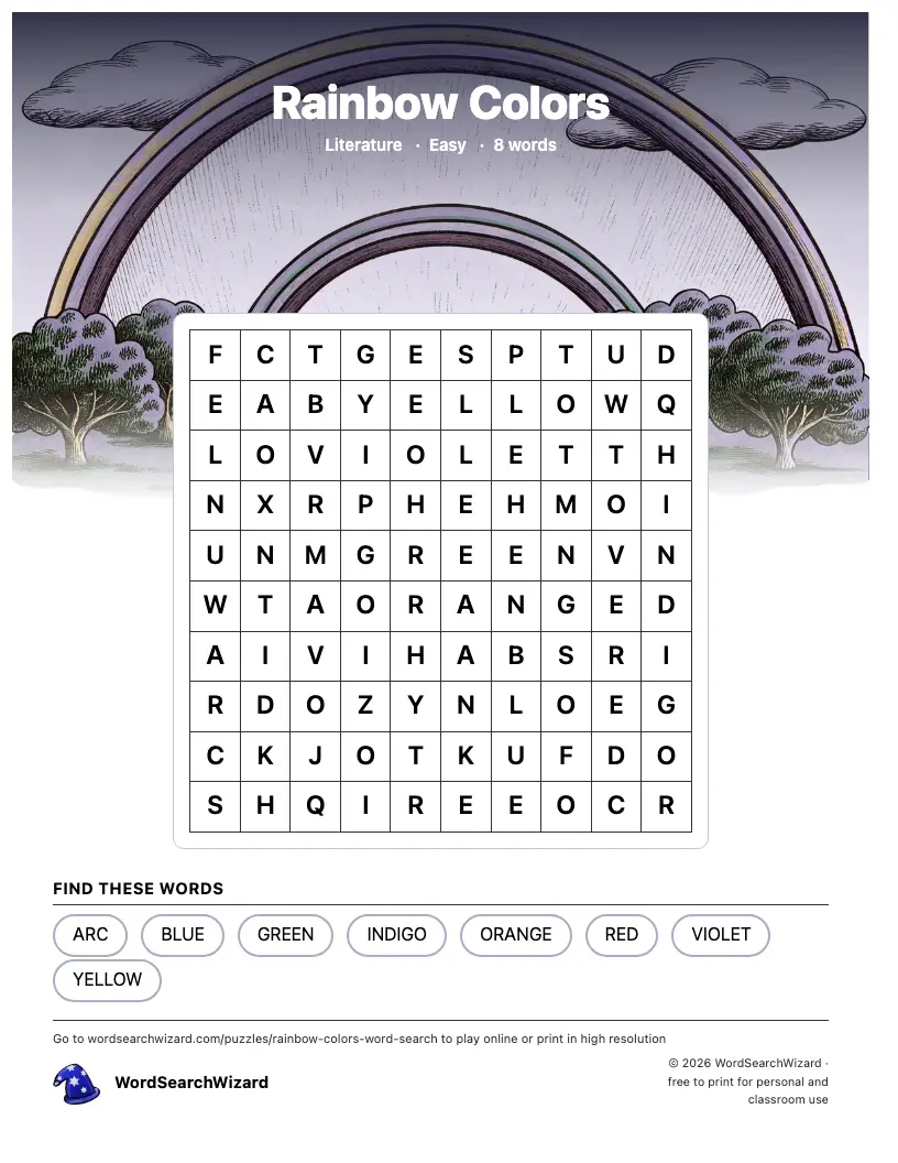 Rainbow Colors word search printable sheet, 8 words to find