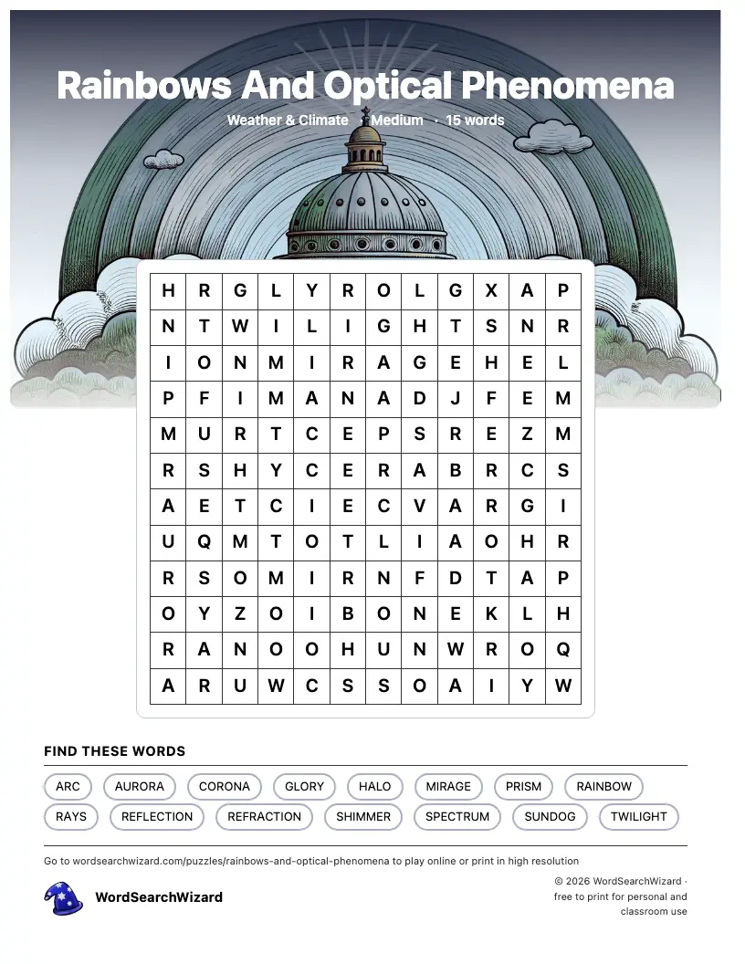 Rainbows And Optical Phenomena word search printable sheet, 15 words to find