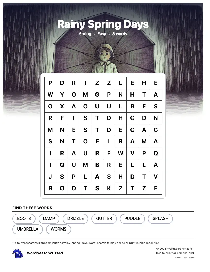 Rainy Spring Days word search printable sheet, 8 words to find