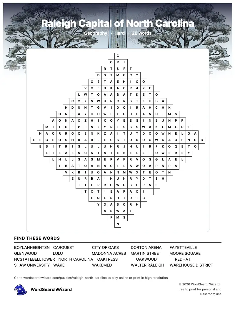 Raleigh Capital of North Carolina word search printable sheet, 20 words to find