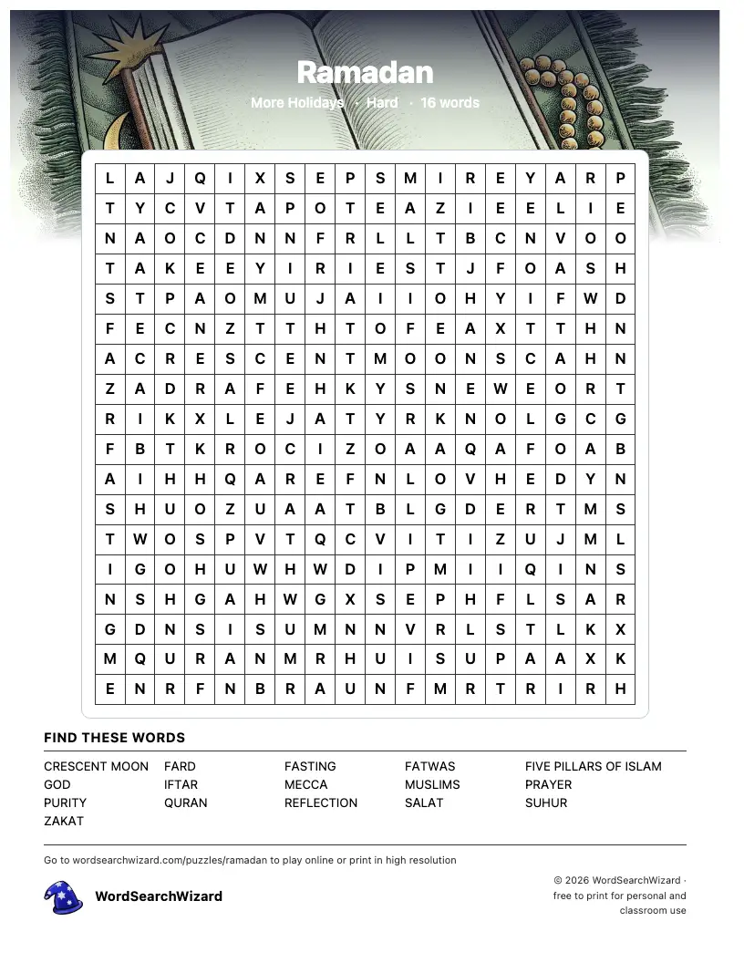 Ramadan word search printable sheet, 16 words to find