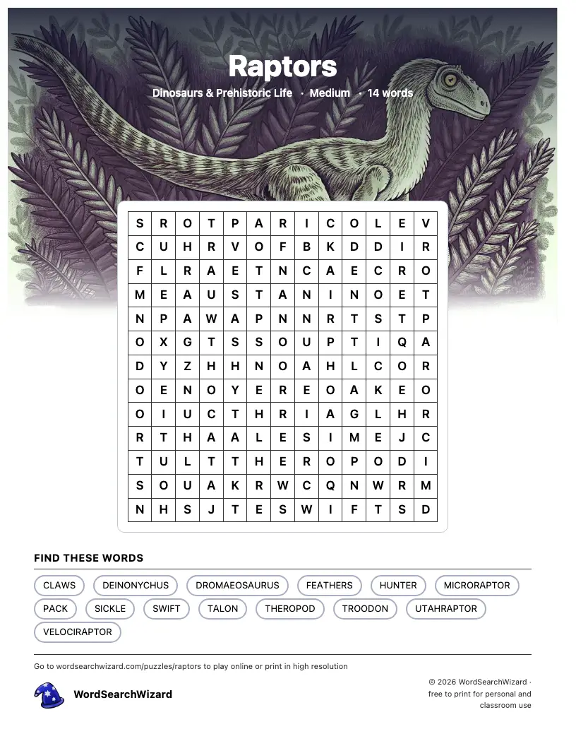 Raptors word search printable sheet, 14 words to find