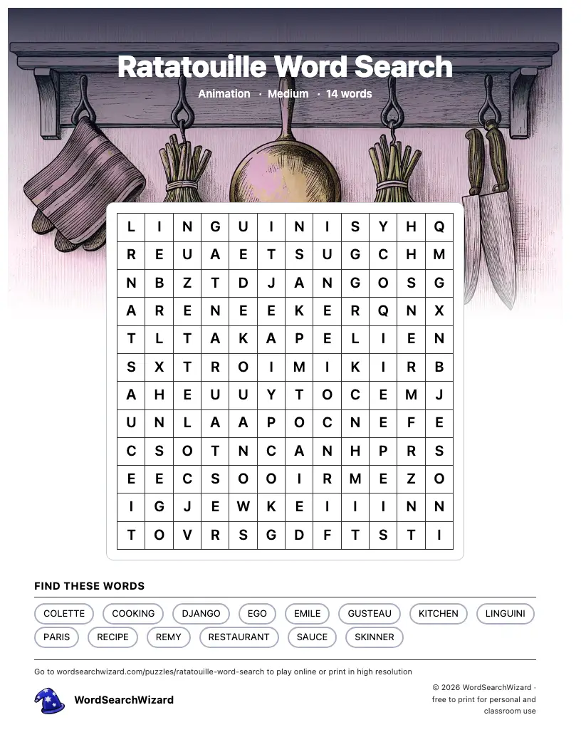 Ratatouille word search printable sheet, 14 words to find