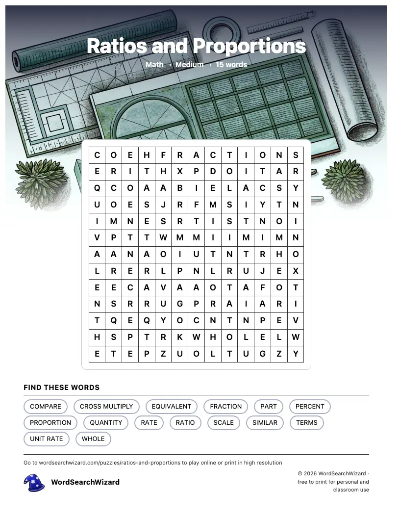 Ratios and Proportions word search printable sheet, 15 words to find