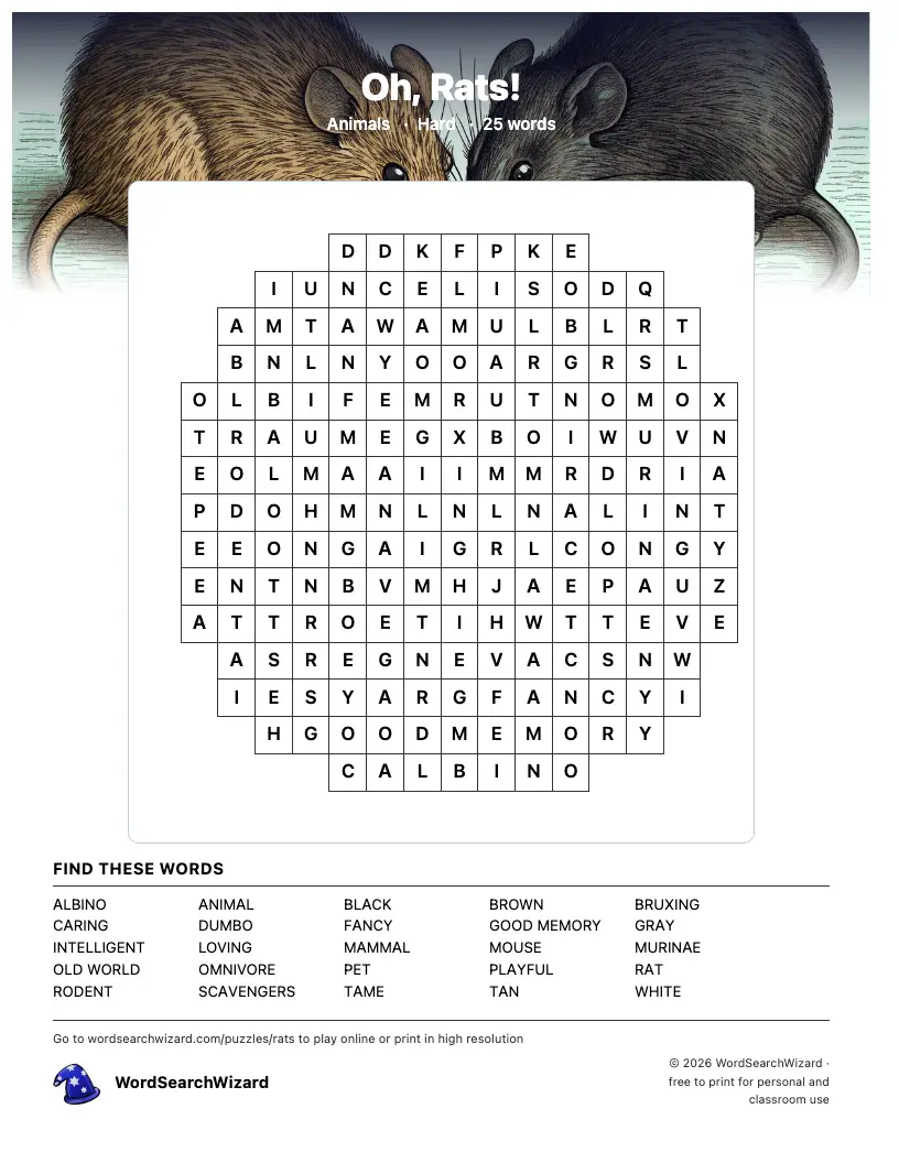 Oh, Rats! word search printable sheet, 25 words to find