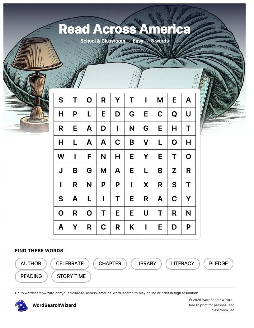 Read Across America word search printable sheet, 8 words to find