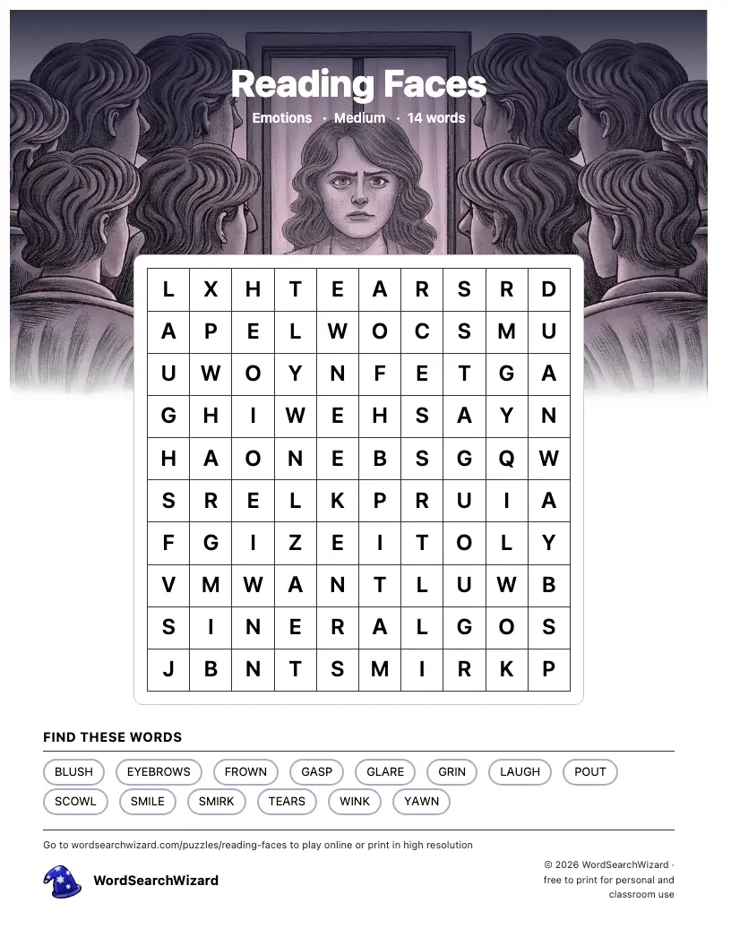 Reading Faces word search printable sheet, 14 words to find