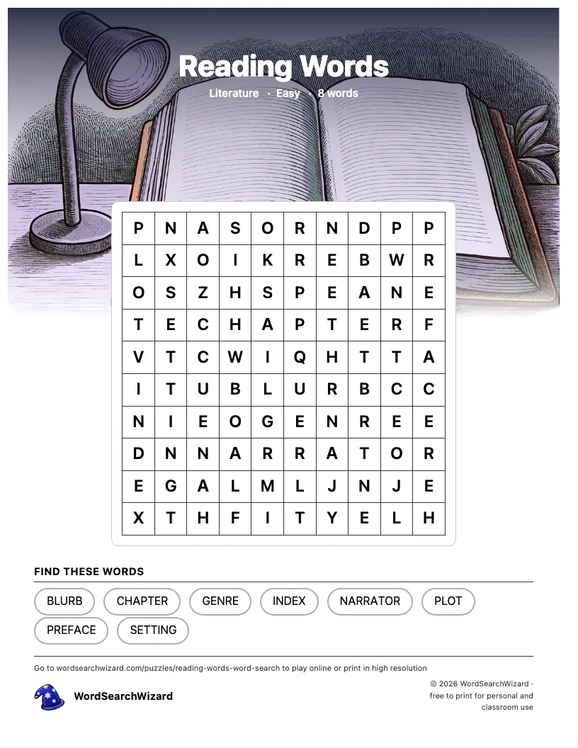 Reading Words word search printable sheet, 8 words to find