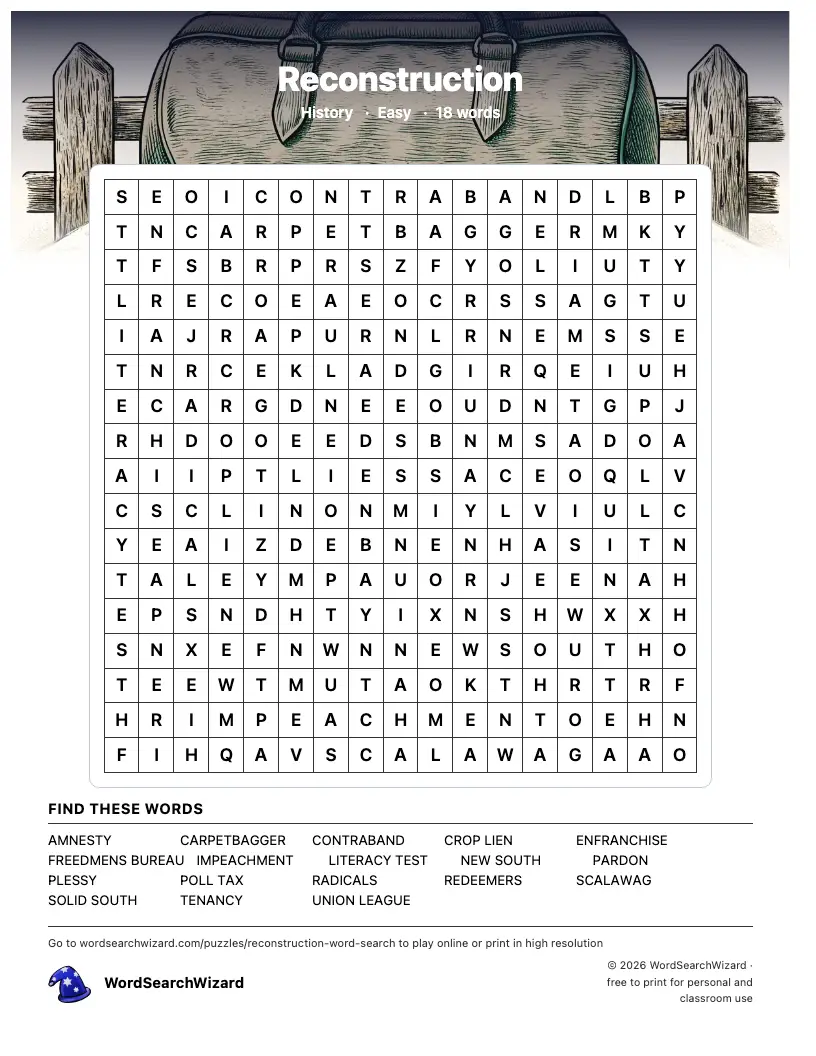 Reconstruction word search printable sheet, 18 words to find