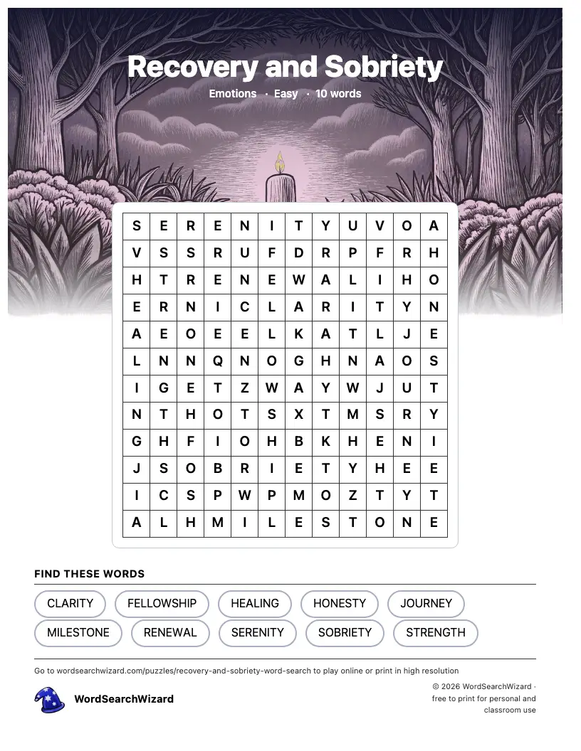 Recovery and Sobriety word search printable sheet, 10 words to find