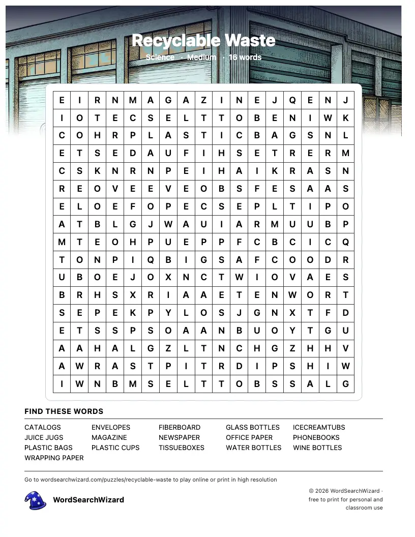 Recyclable Waste word search printable sheet, 16 words to find