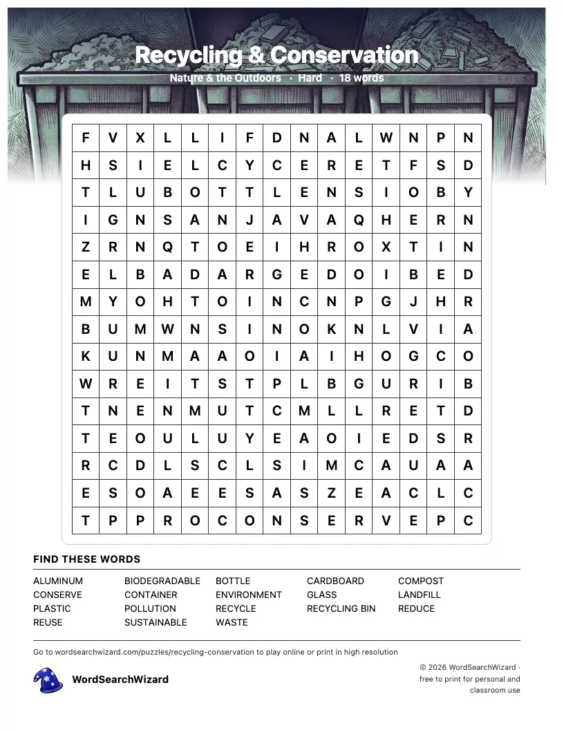 Recycling & Conservation word search printable sheet, 18 words to find