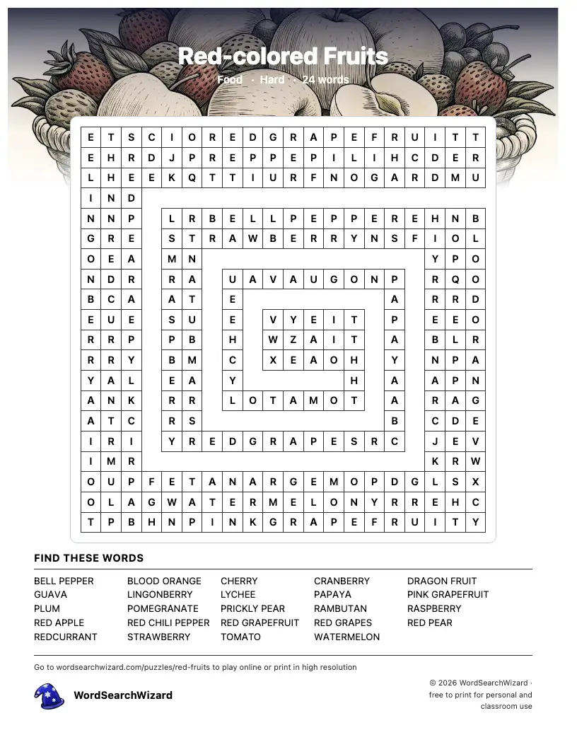 Red-colored Fruits word search printable sheet, 24 words to find