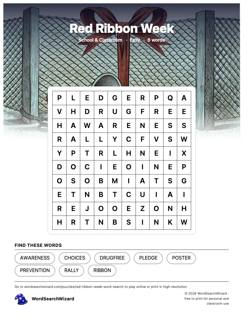Red Ribbon Week word search printable sheet, 8 words to find