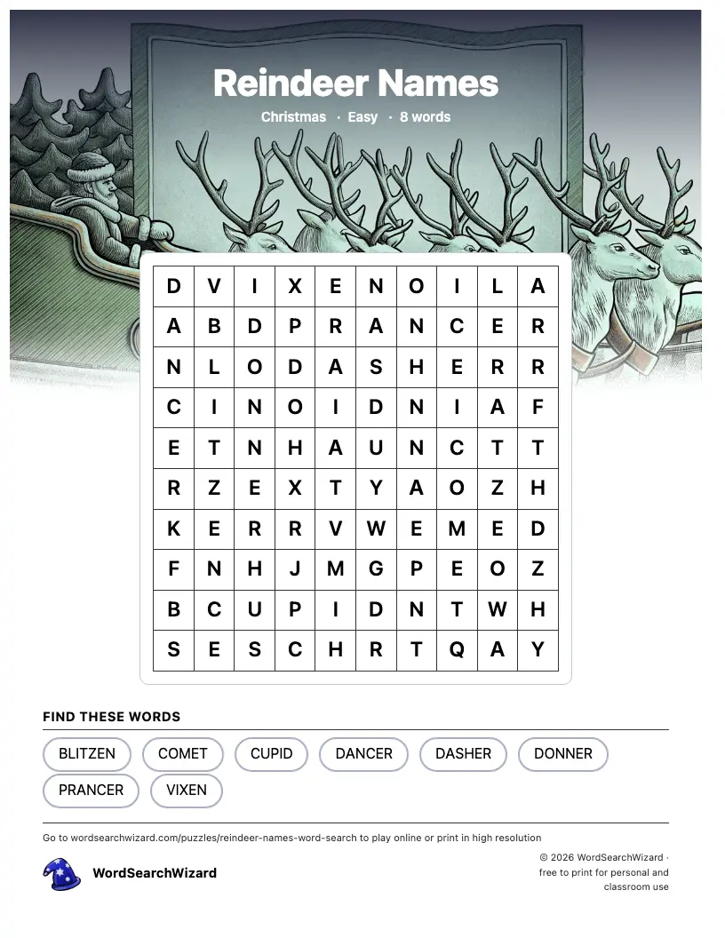Reindeer Names word search printable sheet, 8 words to find