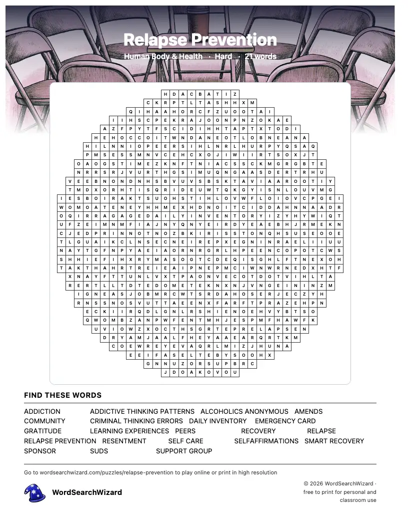 Relapse Prevention word search printable sheet, 21 words to find