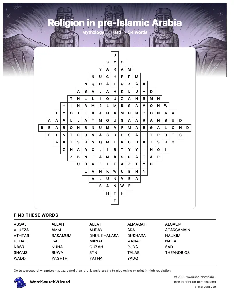 Religion in pre-Islamic Arabia word search printable sheet, 34 words to find