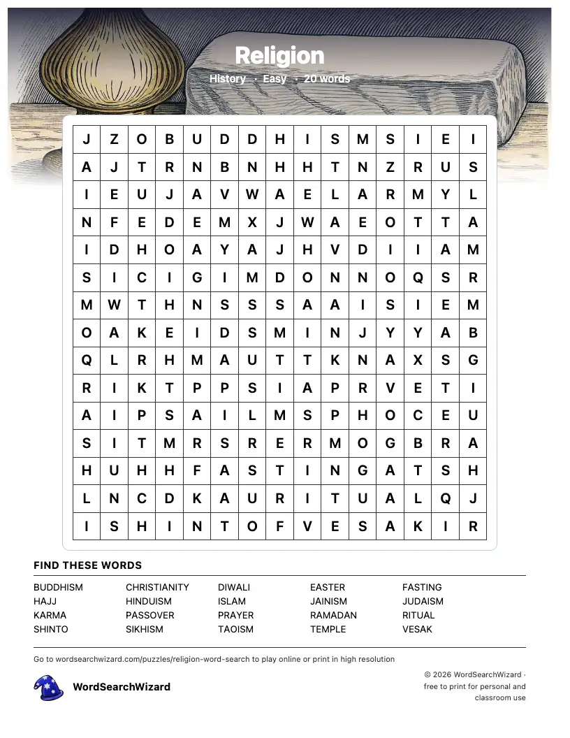 Religion word search printable sheet, 20 words to find