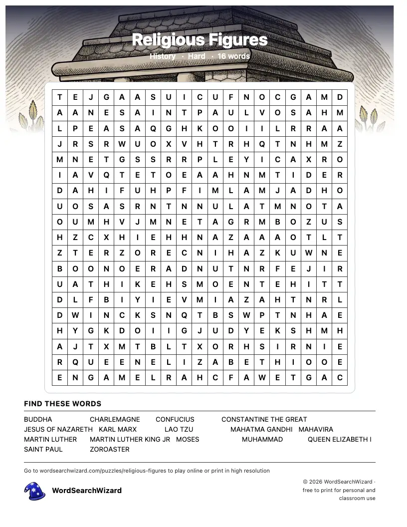 Religious Figures word search printable sheet, 16 words to find