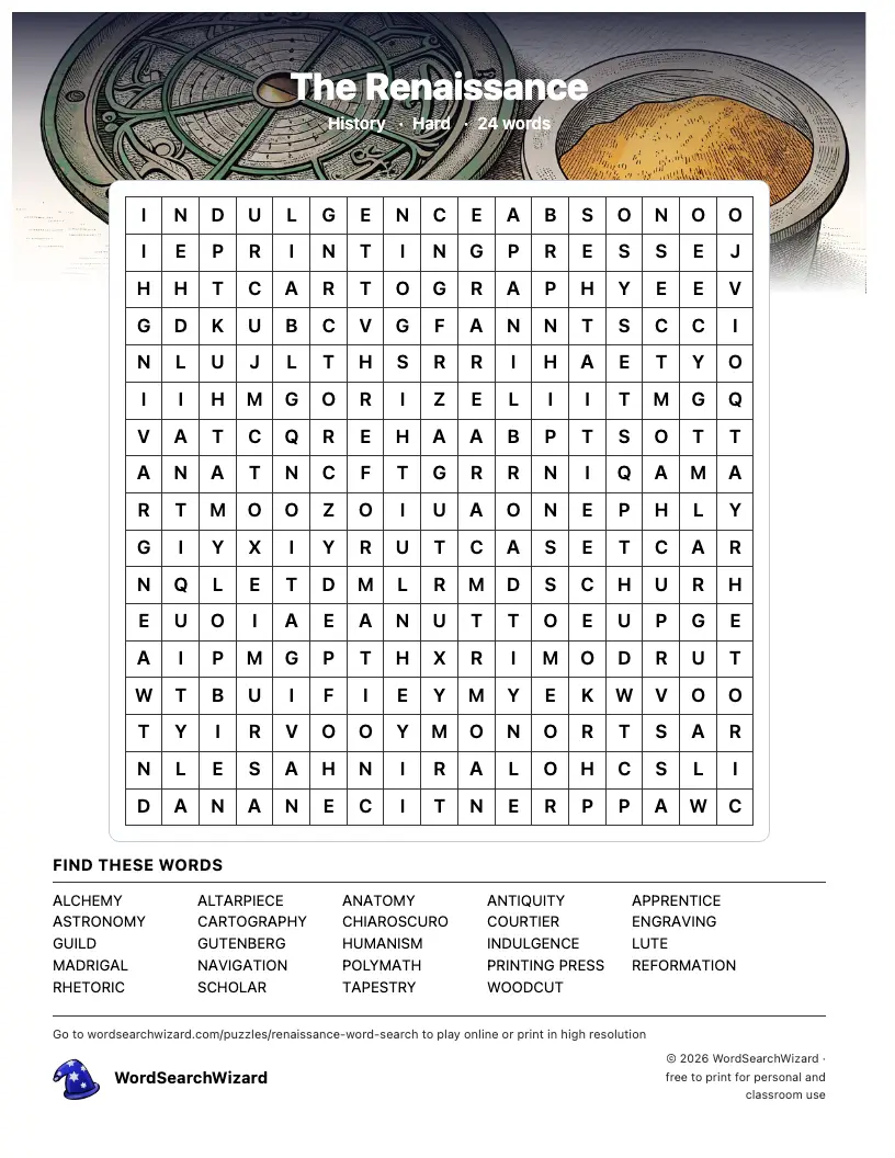 The Renaissance word search printable sheet, 24 words to find