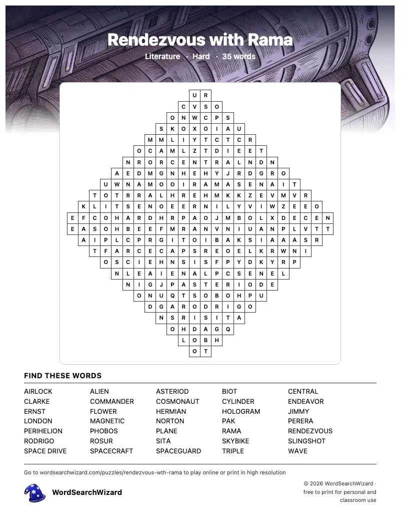 Rendezvous with Rama word search printable sheet, 35 words to find