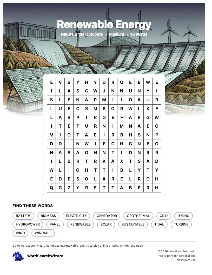Renewable Energy word search printable sheet, 16 words to find