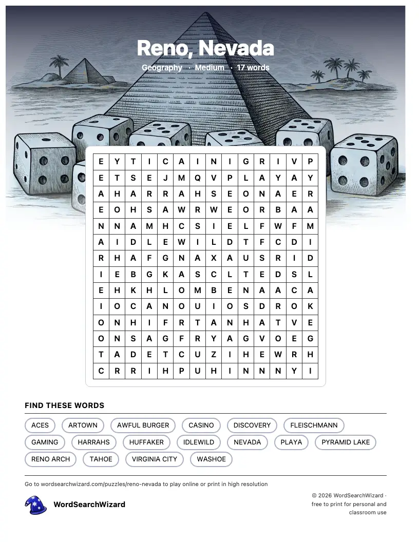 Reno, Nevada word search printable sheet, 17 words to find