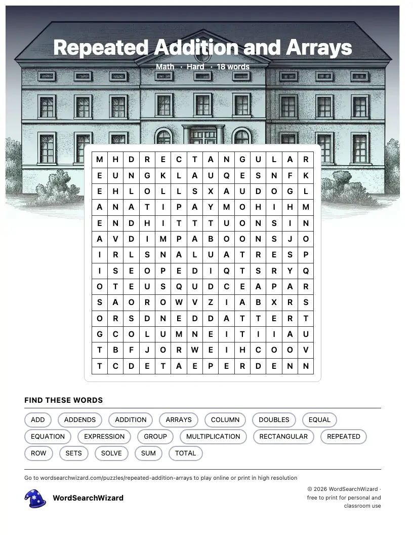 Repeated Addition and Arrays word search printable sheet, 18 words to find