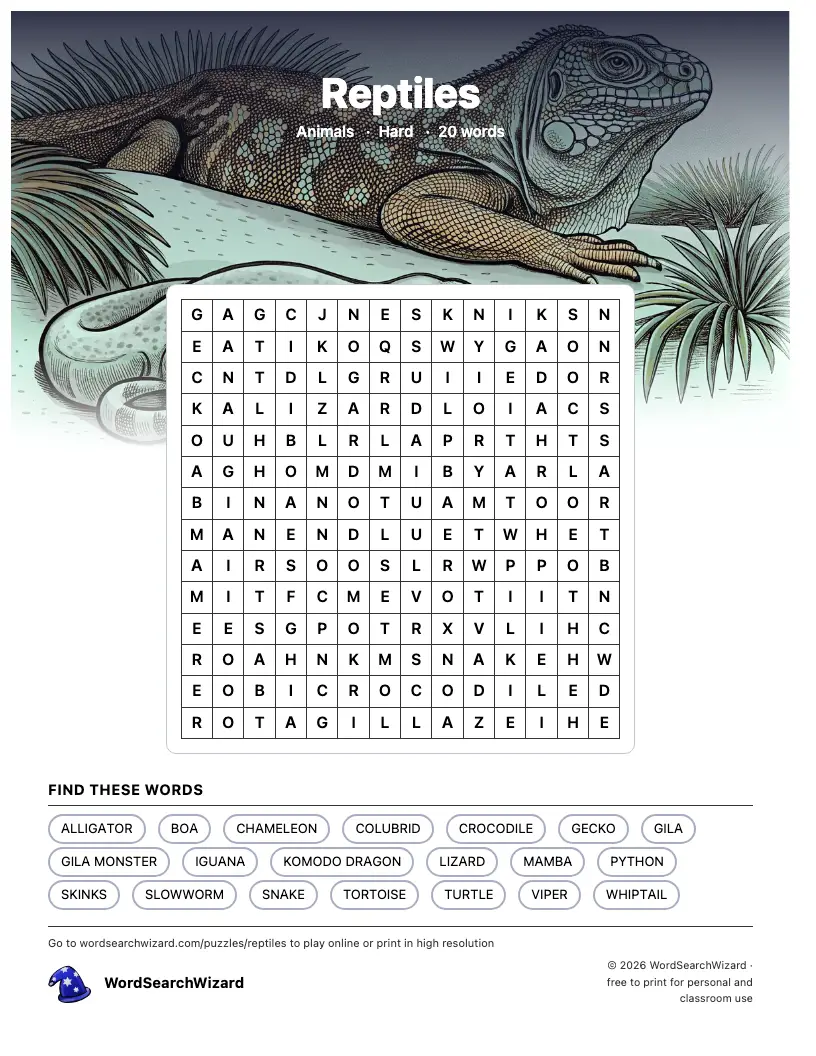 Reptiles word search printable sheet, 20 words to find