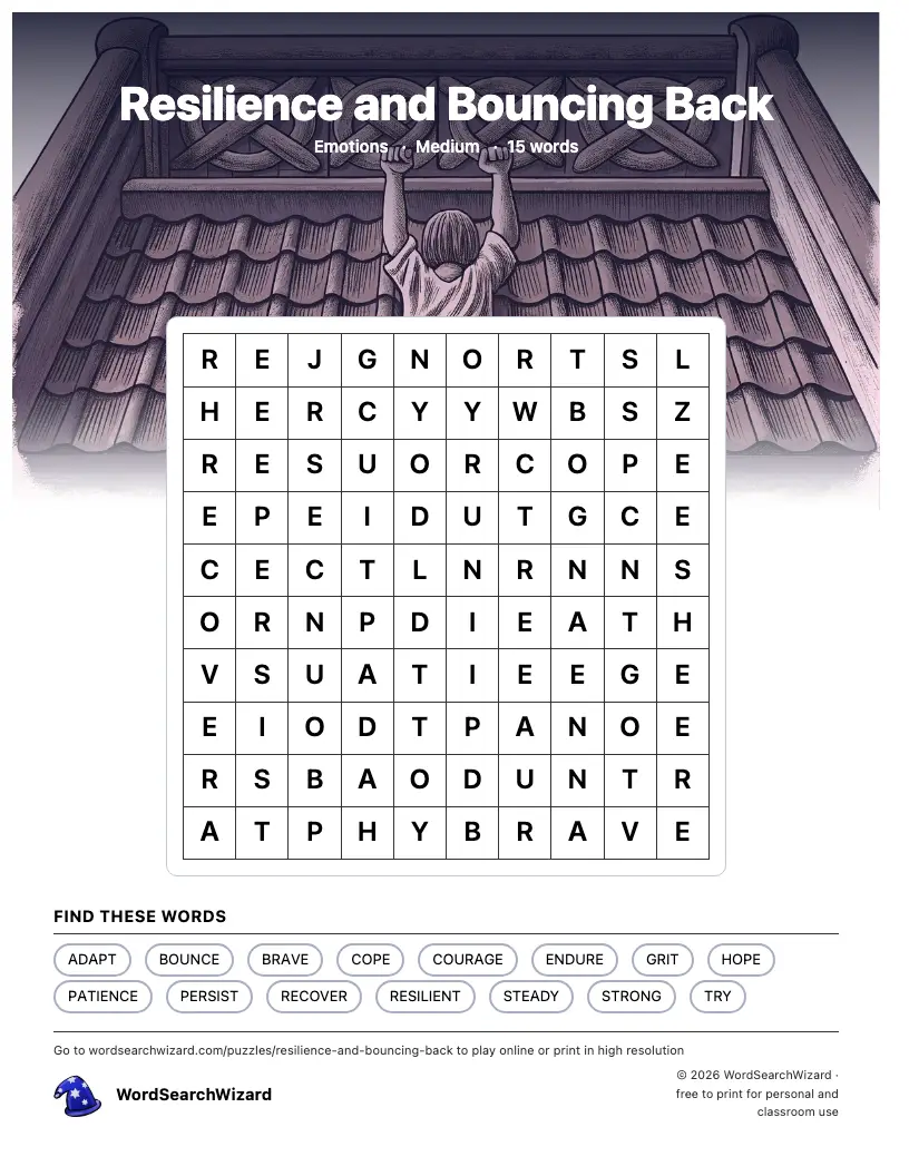 Resilience and Bouncing Back word search printable sheet, 15 words to find